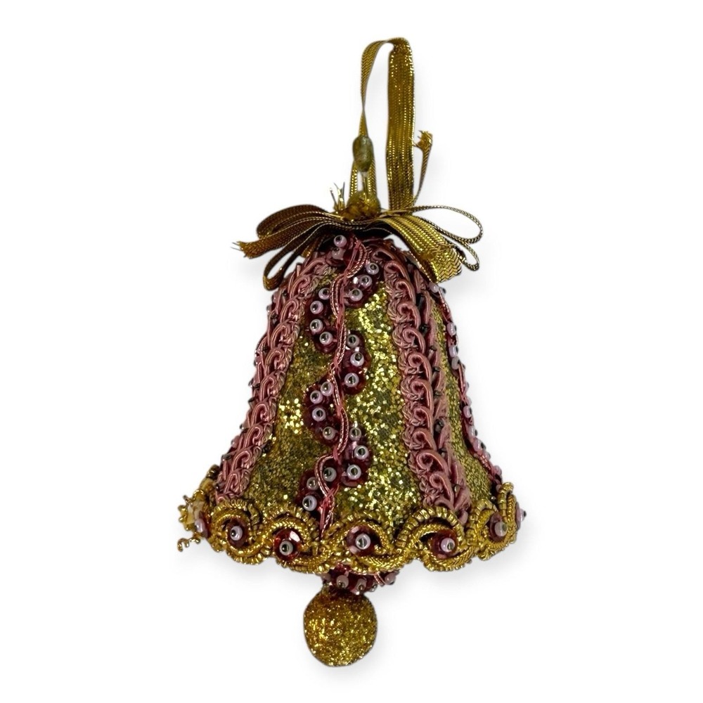 Vintage 1960s/70s Handmade Pink Gold Glitter Bell Ornament Sequins Beads